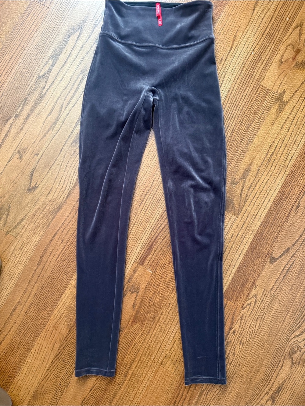 SPANX Black High-Waist Velvet-Look Leggings with Red Brand Tag